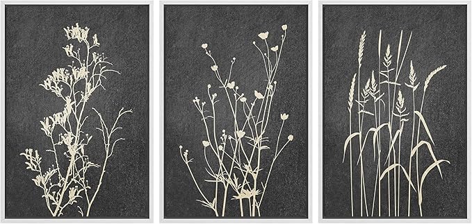 Ashbrook Framed Canvas Print Wall Art Set Black Tan Forest Plant Silhouettes Nature Wilderness Illustrations Modern Art Rustic Chic Colorful for Living Room, Bedroom, Office - 24"x36"x3 White