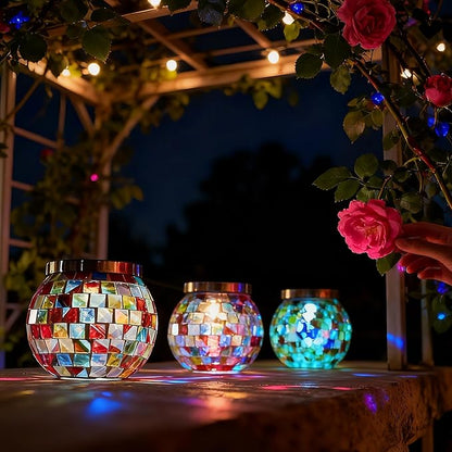 Cooo 4 Pack Landscape Lighting Path Lights Heavy Solar Mosaic Lantern with RGB Color-Changing Light – Dual Solar Panels, Red Amber Glass Tiles, Waterproof Outdoor Christmas Decorations