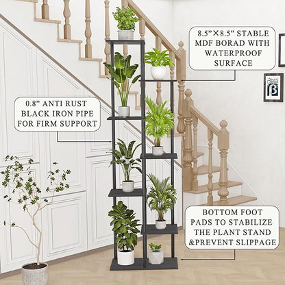 Plant Stand Indoor 7 Tier 8 Potted Metal Wood Plant Shelf, Multiple Flower Pots Corner Tall Plant Holder Stands for Living Room Balcony Bedroom, Black