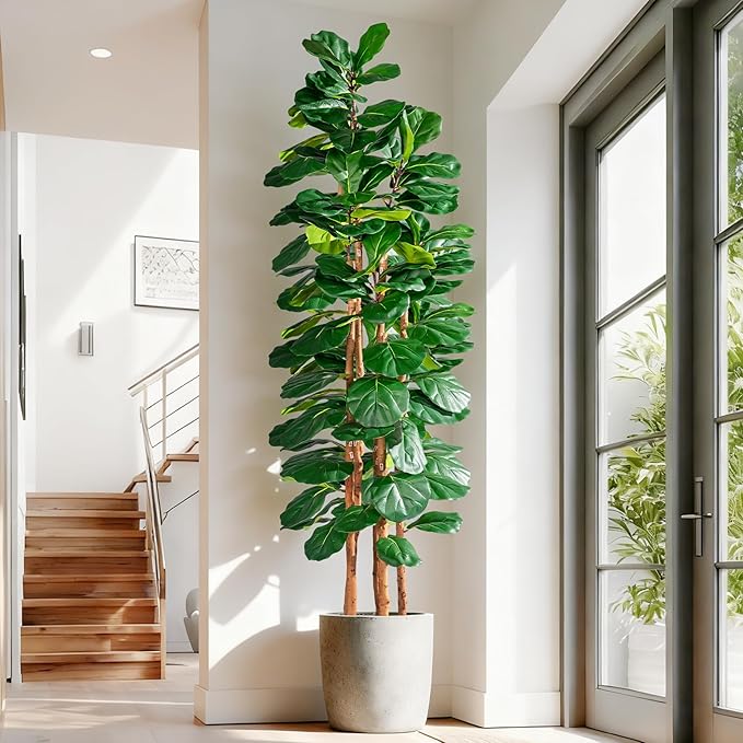 Artificial Fiddle Leaf Fig Tree 7FT, Faux Fig Tree Indoor with Natural Wood Trunk & Realistic Leaves with Moss Pot Fake Ficus Tree Large Faux Floor Plant for Living Room Home Decor, House Plant