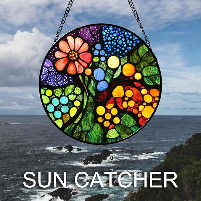 Stained Glass Window Hanging Red Flowers Green Blue Orange Dots 9.8" - Suncatcher Door Garden Sun Catcher Home Decor Birthday Christmas for Mom Men Woman Nana