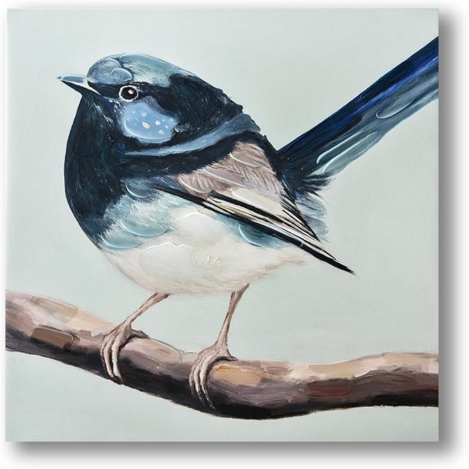 JolyWell Hand-Painted Bathroom Bird Decor Wall Art, Sparrow canvas Wall Picture,3D Effect Nature Poster painting Bluebird Artwork on Canvas for Kids Room Living Room Bedroom or Gift 12x12 in