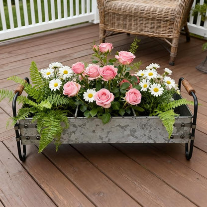 Rustic Galvanized Metal 3-Compartment Planter with Wood Handles, Vintage Style Succulent Herb Flower Pot for Indoor Outdoor Garden, Kitchen, Windowsill Decor