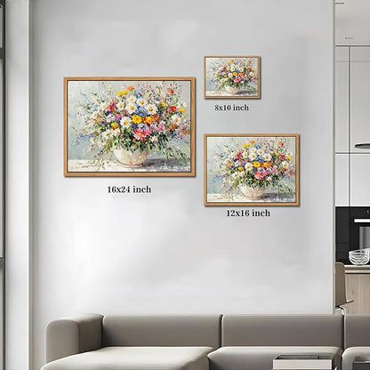 Floating Frame Canvas Wall Art, Vintage Watercolor Floral Pictures Wall Decor, Country Farmhouse Colorful Wildflower Poster Prints for Living Room Bathroom Dining Room Decor 12X16 inch