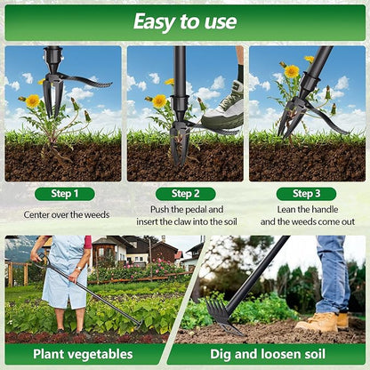 Weed Puller Tool, 2-in-1 Stand Up Heavy Duty Root Removal Tool with 4 Claw Head & Rake, Effortless Root Puller for Dandelion & Weeds, No Bending or Kneeling, Garden Tool for Lawn & Yard Care
