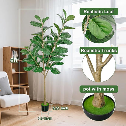 Artificial Fiddle Leaf Fig Tree, 6FT Tall Faux Ficus Lyrata Fake Tree in Black Pot Large Faux Plant for Indoor Outdoor Home, Office, Living Room Decor, Housewarming Gift