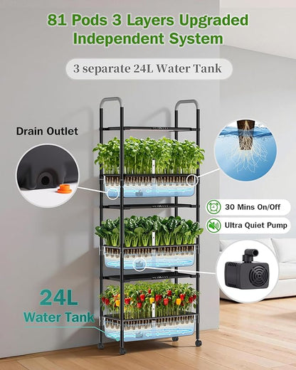 Large Hydroponics Growing System Kit, Vertical Indoor Herb Garden Kit with LED Grow Light & Independent Water Pump, 42L Movable Indoor Planter Perfect Gardening Gifts (3 Tier-81 Pods Black)