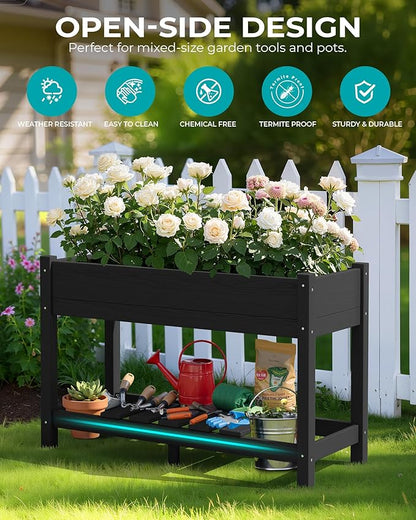 SERWALL Raised Garden Bed with Legs, 43"×17"×30" Large HDPE Elevated Planter Box for Vegetables Flower Herb Patio, All Weather Use-Black