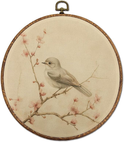DEQSX Vintage Bird Round Wall Art, Rustic Neutral Cottagecore Farmhouse Bird Botanical Wall Decor Canvas Prints Posters for Home Bedroom Living Room, 10x10 Inches