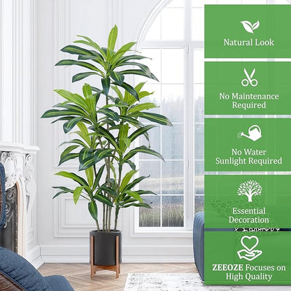 6Ft Dracaena Plant Artificial Tree Fake Tropical Floor Plants Potted (Real Touch) Artificial Silk Tree Leaf Faux Trees Black Tall Planter for Home Office Living Room Indoor Outdoor Decor（2Pack）