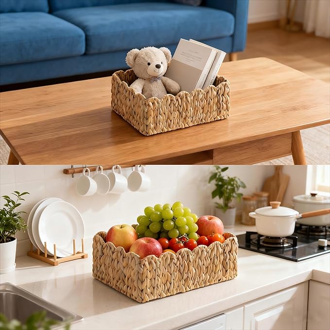 Scalloped Basket, Wicker Storage Baskets, Hand Woven Baskets for Shelves,Natural Baskets for Organizing (Water Hyacinth(M-14" L x 10.5" W x 6" H))