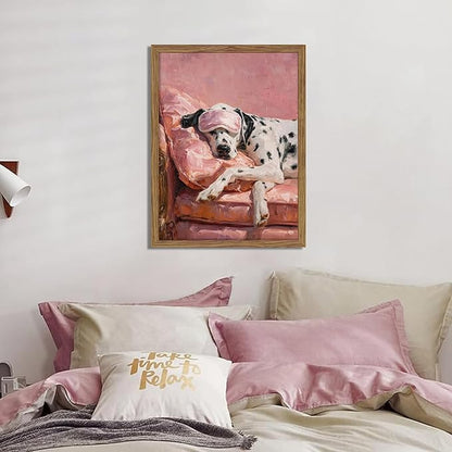 Vintage Framed Dalmatian Wall Art, Cute Dog Canvas Prints Home Decor, Pink Aesthetic Oil Painting, Dalmatian in Sleep Mask Picture Wall Decor for Bedroom Living Room Dormitory – 8x10 inch