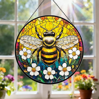Bee Sunflower Stained Glass Window Hanging, 7.9" Vintage Bee Yellow Flower Sun Catcher for Window Door Home Decor, Bumblebee Suncatcher Christmas Birthday Gifts for Women Friends