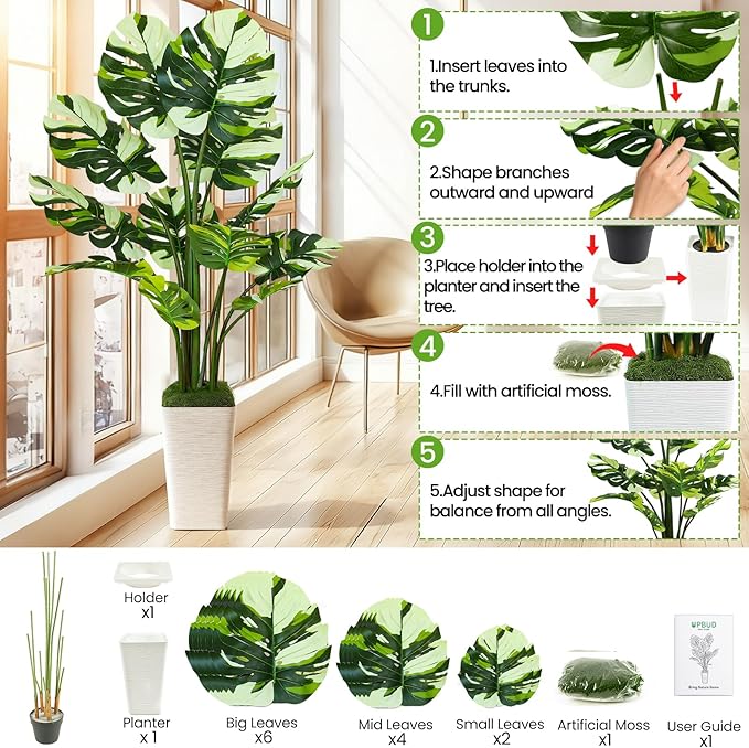 5FT Artificial White Leaf Monstera Plant,Realistic Faux Monstera Plant with Tall White Planter, Lifelike Indoor Outdoor Artificial Tree for Living Room, Bedroom, Office, Housewarming Decor