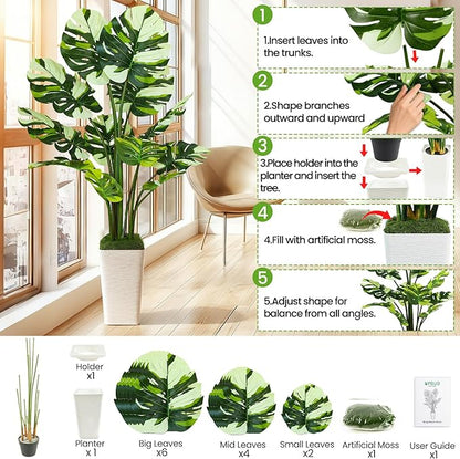 5FT Artificial White Leaf Monstera Plant,Realistic Faux Monstera Plant with Tall White Planter, Lifelike Indoor Outdoor Artificial Tree for Living Room, Bedroom, Office, Housewarming Decor