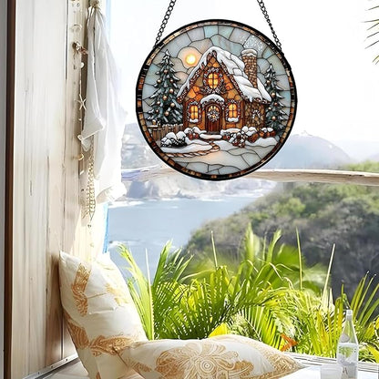 Stained Glass Window Hanging - Christmas Tree Cottage Sun Catcher for Door Garden Home Winter Decor Snowy Night Suncatcher Mother's Day Birthday Gifts for Women Men Mom Nana 15 in