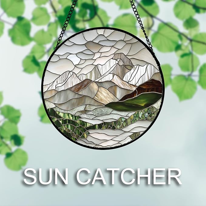 Stained Glass Window Hanging 4 Pcs Set Mountain River Landscape 7.8" - Suncatcher Door Garden Sun Catcher Decor Birthday Mother's Day for Mom Woman Nana Girl Boy Friend