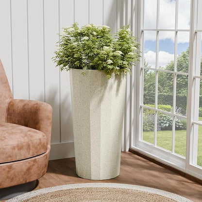 23.6" Tall Outdoor Planters Set of 2, Large Planters for Outdoor Plants for Porch Decor with Drainage Hole, Wide Stripe Design Porch Flower Pots for Indoor Pot Patio/Garden, Off White