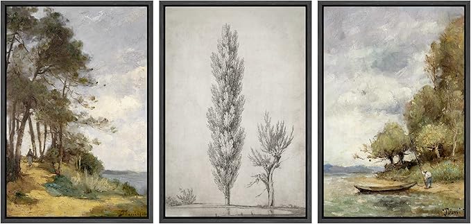 Ashbrook Framed Canvas Print Wall Art Set Forest Tree Lake Nature Wilderness Illustrations Fine Art Decorative Floral Botanical Garden Vintage for Living Room, Bedroom, Office - 24"x36"x3 Black