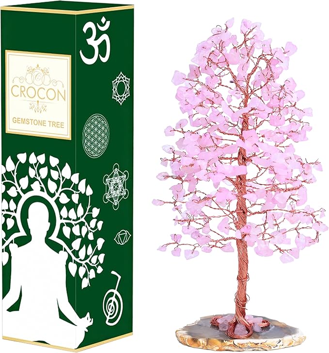 "Rose Quartz Gemstone Tree of LifeNatural Reiki Crystals Gemstone Chakra Tree for Positive Energy, Geode Agate Slice Base, Feng Shui Decor, Good Luck Money Bonsai, Healing Stones, Spiritual Gift"