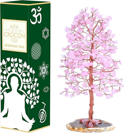 "Rose Quartz Gemstone Tree of LifeNatural Reiki Crystals Gemstone Chakra Tree for Positive Energy, Geode Agate Slice Base, Feng Shui Decor, Good Luck Money Bonsai, Healing Stones, Spiritual Gift"