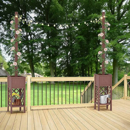2PCS Outdoor String Light Poles with Planter Box,8.6FT H Posts for Patio String Lights,Decorative Lattice Wood Planter Stand with Bottom Storage Shelf,for Patio Porch Balcony Garden Accent