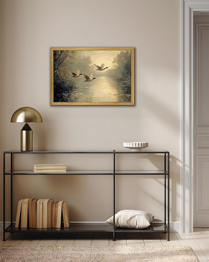Wood Framed Canvas Landscape Wall Art, Countryside Art Wildlife Nature Pond Wall Decor, Vintage Mallard Duck Oil Paintings Print for Living Room, Bedroom, Office, Rustic Decor 16x24 inch