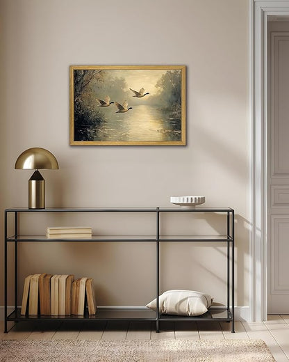 Wood Framed Canvas Landscape Wall Art, Countryside Art Wildlife Nature Pond Wall Decor, Vintage Mallard Duck Oil Paintings Print for Living Room, Bedroom, Office, Rustic Decor 16x24 inch