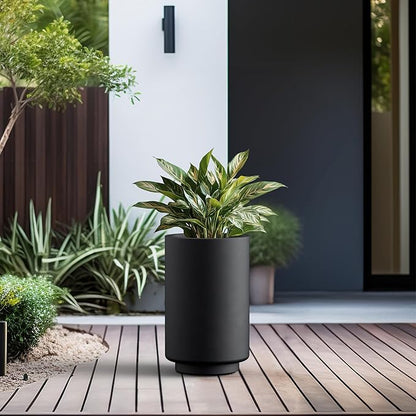 Kante 15.7 Inch Tall Concrete Planter, Round Pedestal Design Garden Pot for Indoor Outdoor Plants, Modern Garden Pot with Drainage Hole, Black Finish with Painted Interior