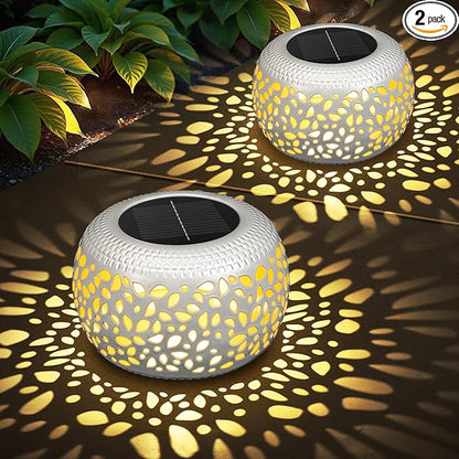 Solar Lanterns Outdoor Waterproof: 2 Pack White Hollow Out Metal Solar Lights - 2 Lighting Colors Outside Garden Yard Porch Indoor Tabletop Retro Decorations - Unique Gifts for Women Mom Wife