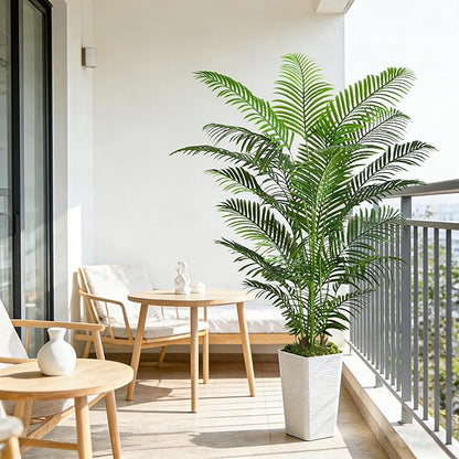 Artificial Palm Tree Indoor, 6FT Fake Floor Plants Large Tropical Silk Plant with White Tall Planter, Faux Areca Palm Plant Artificial Tree in Pot for Home Room Office Outdoor Patio Decor