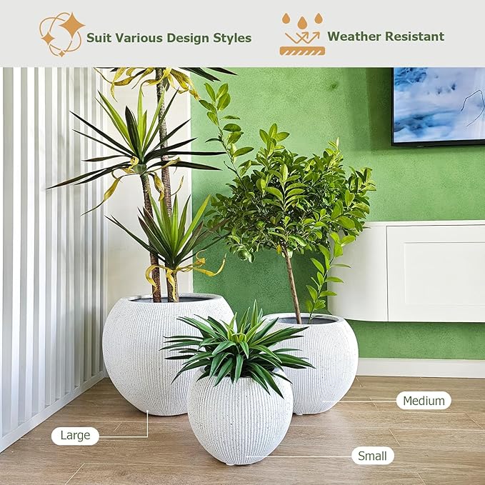16" H x 20" D Ribbed Globo Fiberstone Round Planter with Drainage Hole, Weather Resistant for Indoor and Outdoor Use, Included 2 Extra Coco Mats (Speckled White, 13.5" Pot Opening)