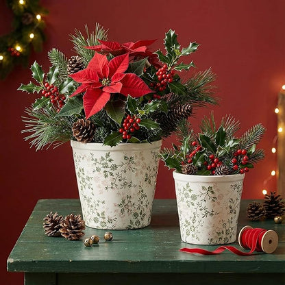 Ceramic Planter with Drainage Hole, Plastic Tray & Mesh, 6.7 Inch - Indoor/Outdoor Flower Pot for Orchids, Succulents, Green Floral Modern Farmhouse Décor for Home,Office and Garden, Ideal Gift