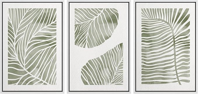 Ashbrook Framed Canvas Print Wall Art Set Abstract Jungle Green Pastel Plants Nature Wilderness Illustrations Modern Art Rustic Chic Colorful for Living Room, Bedroom, Office - 16"x24"x3 White