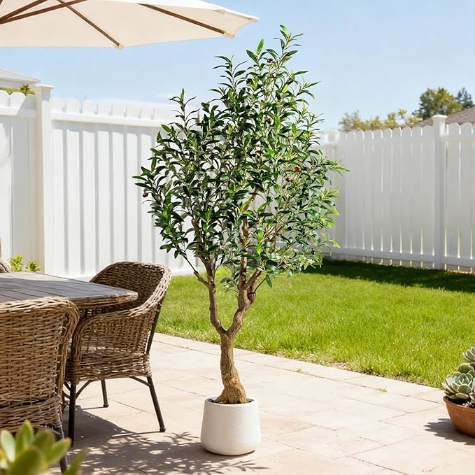 6FT Faux Olive Tree with Tall Exquisite Planter Artificial Olive Tree Tall, Potted Fake Olive Plant with 1260 Real Touch Leaves, Indoor Outdoor Home Garden Office Decor