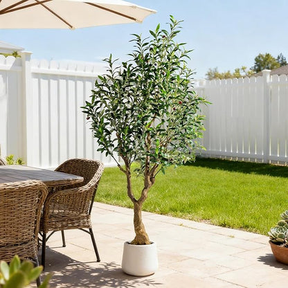 6FT Faux Olive Tree with Tall Exquisite Planter Artificial Olive Tree Tall, Potted Fake Olive Plant with 1260 Real Touch Leaves, Indoor Outdoor Home Garden Office Decor