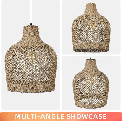 Arturesthome 1 Light Rattan Pendant Light Rattan Chandelier Handwoven Boho Coastal Pendant Lampshade Wicker Basket Ceiling Light Hanging Light for Dining Living Room D 15.7″* 19.6″