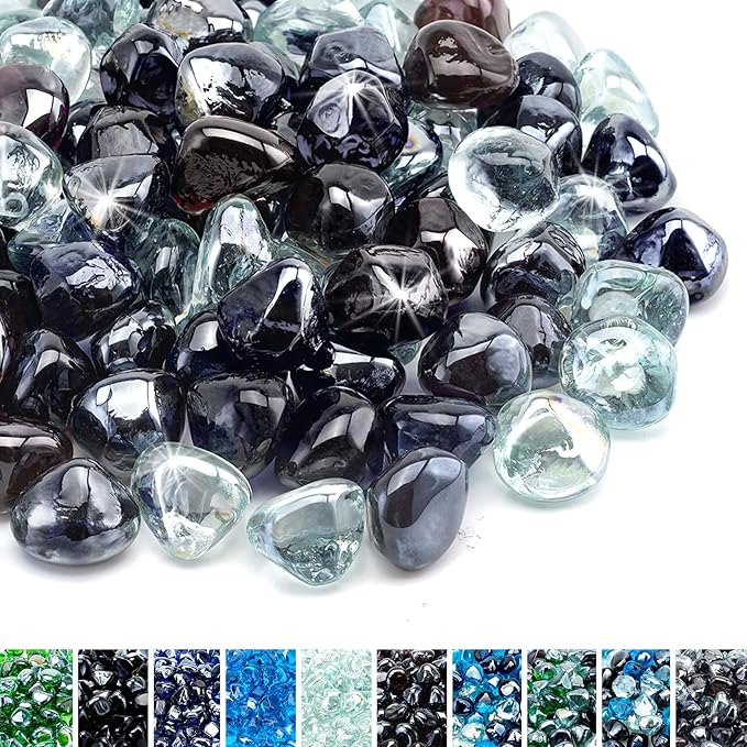 Skyflame 10-Pound Blended Fire Glass Diamonds for Fire Pit Fireplace Landscaping, 1/2 Inch Onyx Black, Crystal Ice, Amber Luster