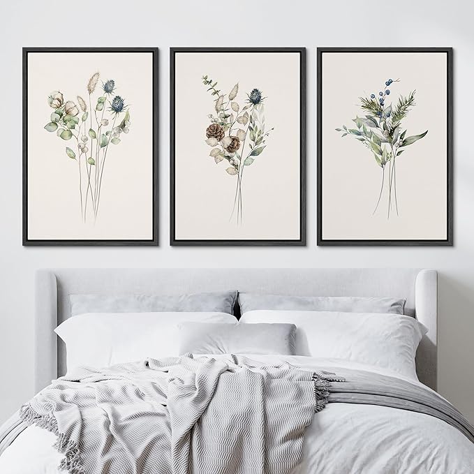 Ashbrook Framed Canvas Print Wall Art Set Wildflower Bouquet Nature Wilderness Illustrations Modern Art Decorative Floral Botanical Minimal Calm/Relax/Cozy for Bedroom - 16"x24"x3 BLACK
