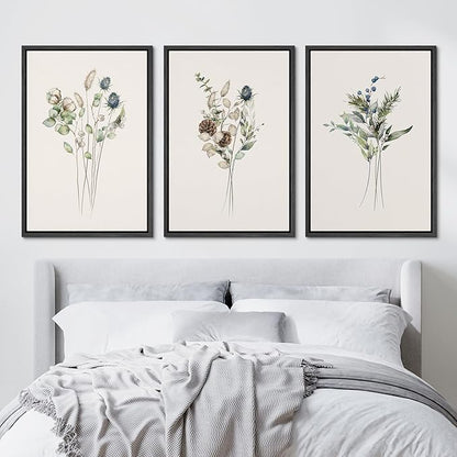 Ashbrook Framed Canvas Print Wall Art Set Wildflower Bouquet Nature Wilderness Illustrations Modern Art Decorative Floral Botanical Minimal Calm/Relax/Cozy for Bedroom - 24"x36"x3 BLACK
