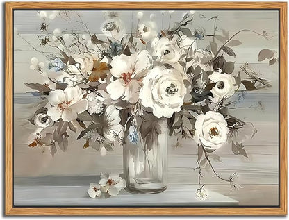 SAMHOU Floating Framed Canvas Wall Art, Vintage White Floral Poster Prints, Nature Plant Picture Wall Decor, Modern Farmhouse Painting Decor for Living Room Kitchen Bathroom Bedroom 8x10 inch