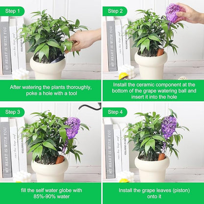 Plant Watering Globes, Grape Shape Self Watering Globes, Plant Watering Devices, 3PCS Purple+Green Color Clear Glass Bulbs Self Watering Planter Insert