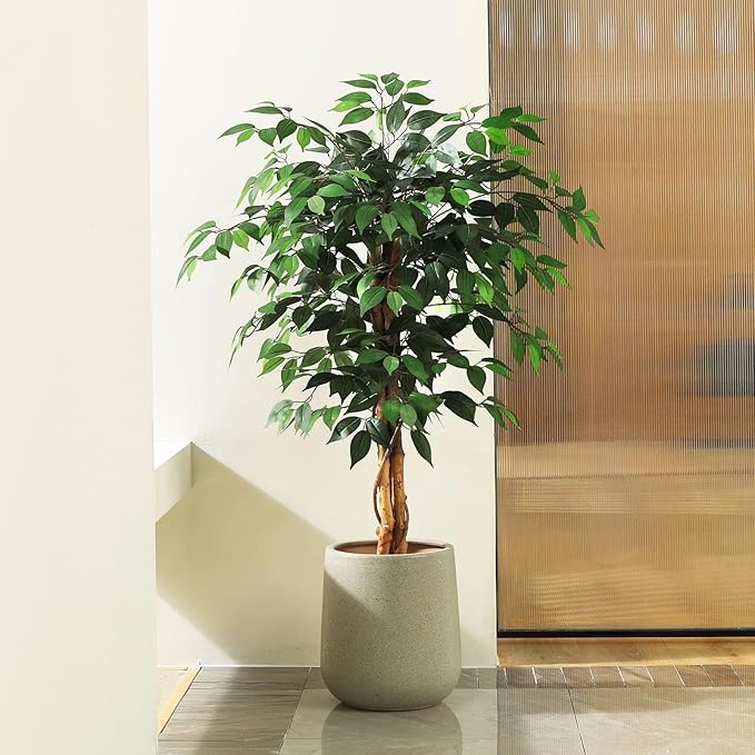 4ft Artificial Ficus Tree with Natural Wood Trunk, Silk Fake Ficus Tree in Plastic Nursery Pot, Faux Plant for Office Home, Indoor Outdoor Decor, 1 Pack
