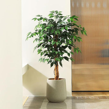 4ft Artificial Ficus Tree with Natural Wood Trunk, Silk Fake Ficus Tree in Plastic Nursery Pot, Faux Plant for Office Home, Indoor Outdoor Decor, 1 Pack
