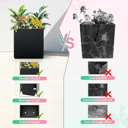 Metal Planter Box Rectangular Planter Box with Drainage Hole, Outdoor Large Planters, All-Weather Use, Rust-Resistance, for Flowers Plants, 17" L × 17" W × 18" H, Black