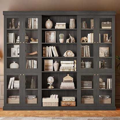 Vyre 70.8" Tall Farmhouse Bookshelf with Glass Doors, Modular Bookcase with 6-Tier Adjustable Shelves, Large Storage Cabinet for Kitchen, Living Room, Black, Set of 3