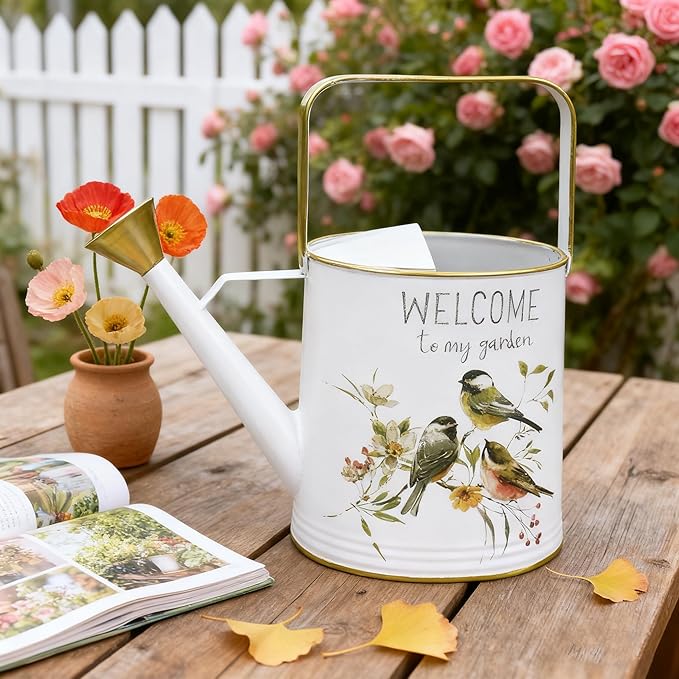 Vintage Metal Watering Can with Gold Accents & Bird Floral Welcome to My Garden Design Garden Decorative Watering Pot Farmhouse Waterer for Home Indoor Outdoor Balcony Courtyard (White)
