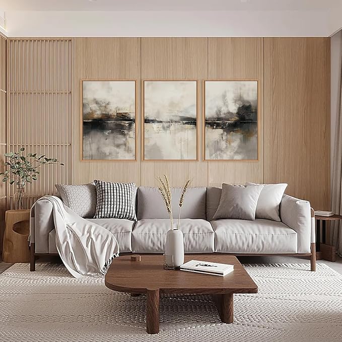 HOURIA Large Abstract Neutral Beige & Black Framed Canvas Wall Art Set,Modern Minimalist Brown Wall Decor,Textured Gray Tan Illustrations Artwork for Living Room, Bedroom, Farmhouse- 24"x36"x3