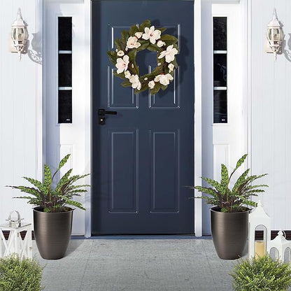 Glitzhome 16.75" H Large Planters for Outdoor Plants, Set of 2 Black Tall Planter with Drainage Holes, Large Flower Pots for Front Porch, Patio, Deck, Faux Brushed Steel Texture Finish