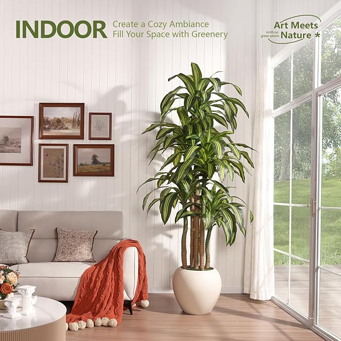Artificial Dracaena Tree Indoor - 8FT UV Resistant Fake Outdoor Plants with Planter- Tall Faux Tree for Front Porch, Patio, Garden, Wedding, Home, Living Room Decor, VN151